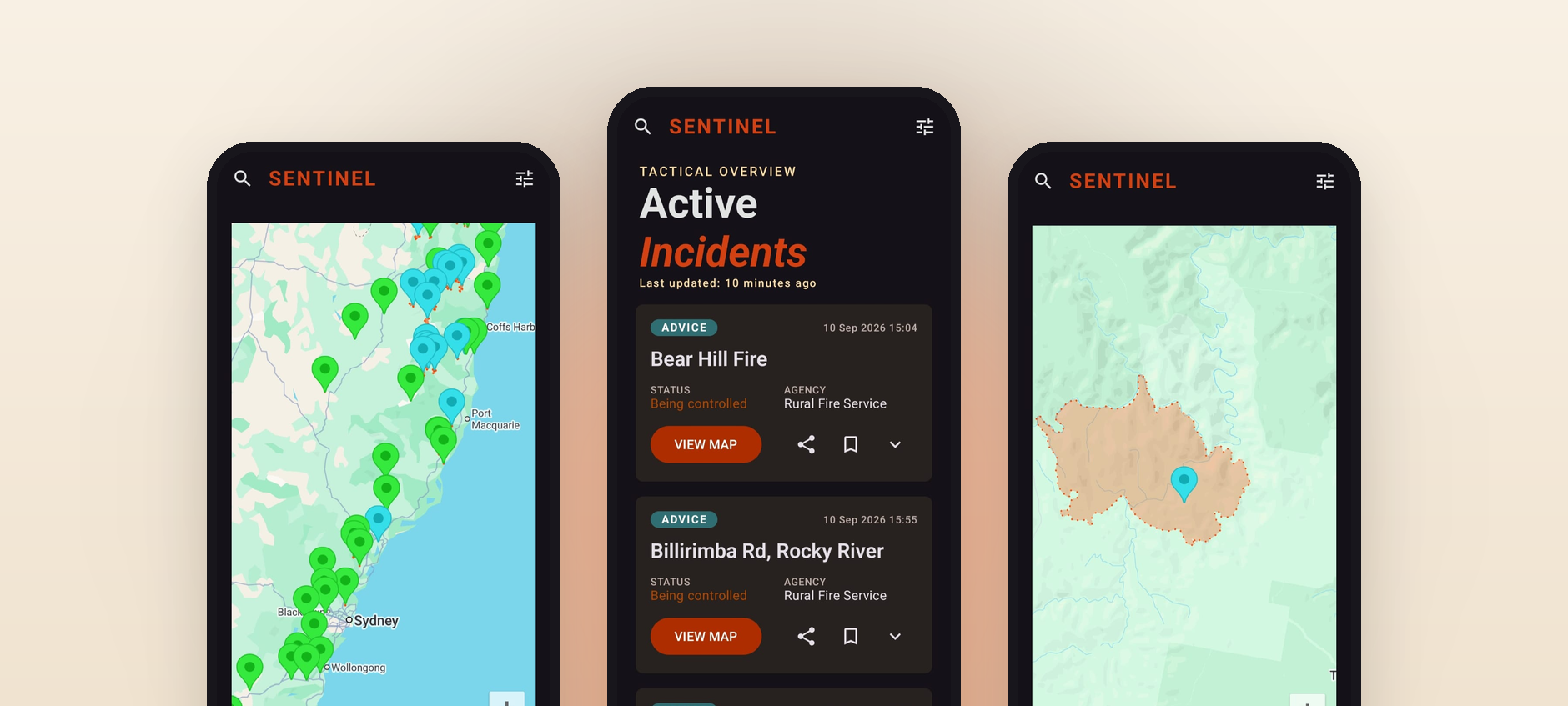 Three FireWatch screens: a map of NSW with incident markers along the coast, the Active Incidents list with Advice badges, and a fire perimeter drawn around a single incident